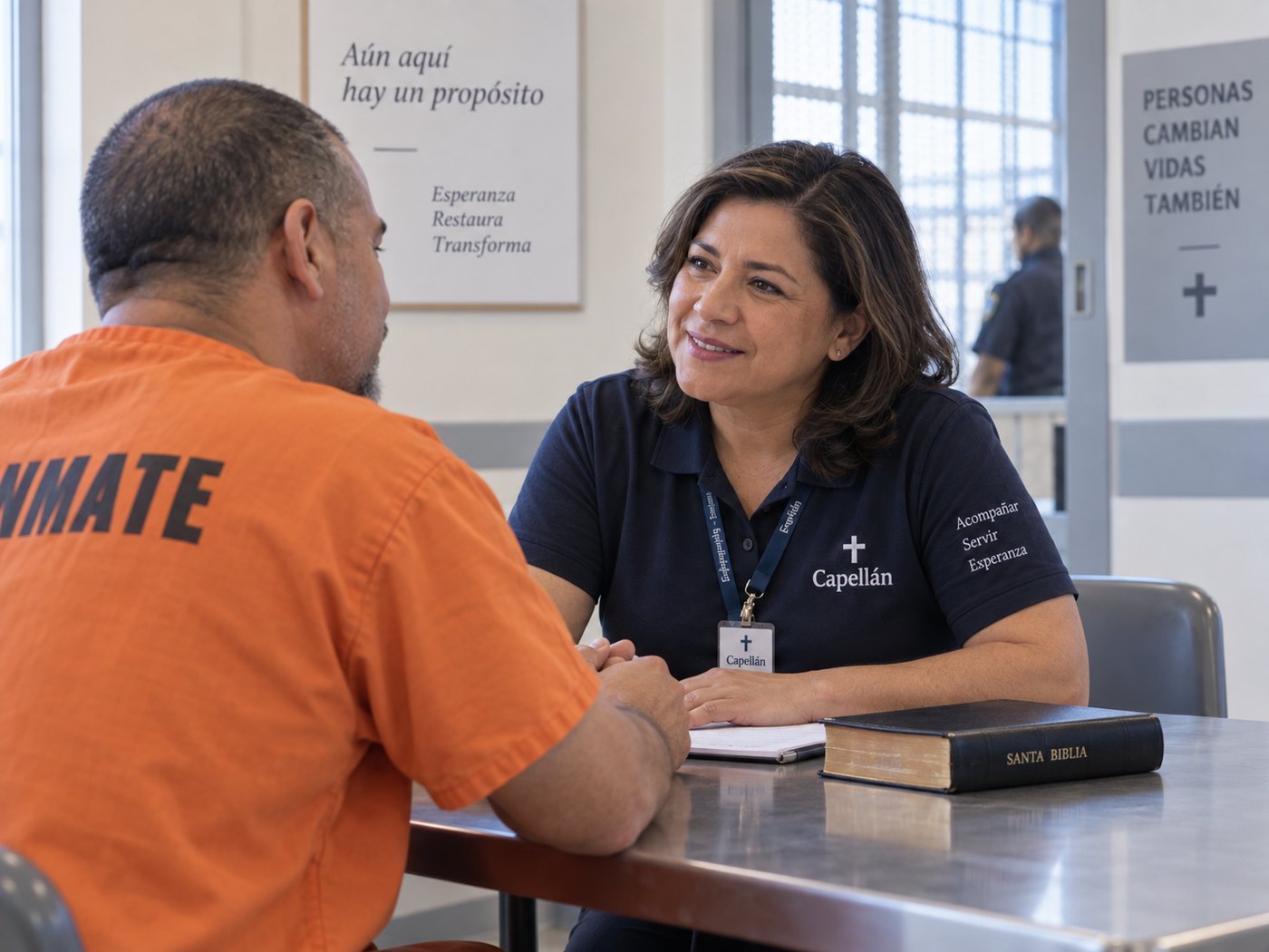Capellana conversando con una persona en una institución correccional